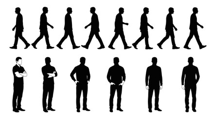 Collection of silhouette illustrations depicting various human poses and actions, including walking cycles and standing figures.