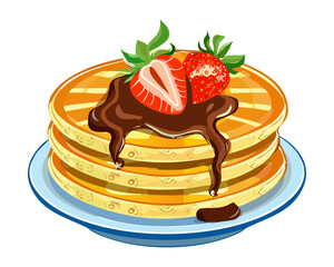 Fluffy pancakes topped with fresh strawberries and chocolate sauce for a delicious and sweet morning berry breakfast - Vector Illustration © powdesign