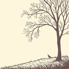 A solitary tree stands tall on a hill, overlooking a vast landscape Vector © zalal