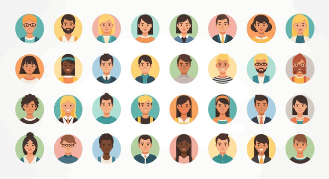 A diverse collection of circular profile pictures featuring men and women of various ethnicities and ages.