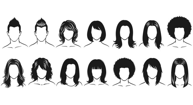 Collection of diverse hairstyles for men and women, showcasing various lengths and textures.