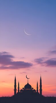 Majestic mosque silhouette with crescent moon rising over domes and minarets at colorful sunset, serene twilight sky in pink, orange, and blue gradients