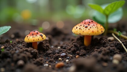 Vibrant Orange Mushrooms With Red Speckles Growing From Rich Dark Soil In A Lush Green Forest Macro Shot With Soft