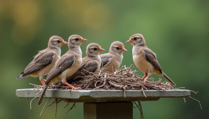 Five Young Birds Perched Together In A Nest On A Blurry Green Background