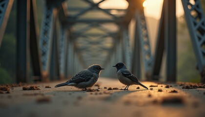 Two Small Birds on a Rusty Metal Bridge at Golden Hour with Warm Sunlight