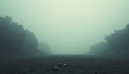 Misty Forest Path with Dark Ground and Silhouetted Trees in Ethereal Green Light