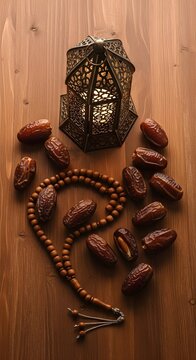 Ramadan still life with dates arranged around prayer beads and a glowing lantern on a wooden background, creating a warm and spiritual Islamic atmosphere for iftar and worship concepts.