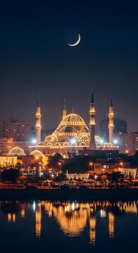 The majestic Blue Mosque stands as a historic, featuring illuminated domes and minarets against the night sky in the heart of Sultanahmet