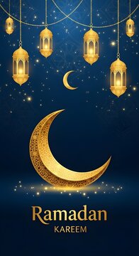 A vector illustration of a crescent moon and stars glowing in a dark blue night sky with clouds and a galaxy design for an astronomy wallpaper or festive Arabic art , ramadan greeting