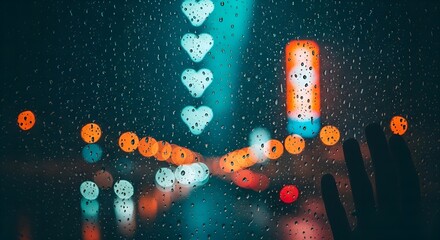 Rainy Night Window Bokeh: Heart-shaped Lights and Cityscape Blur with Hand Silhouette