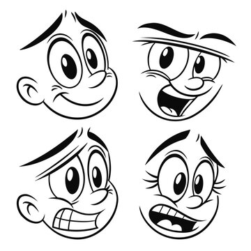 Four expressive cartoon faces showcasing a range of emotions from happy to sad Vector