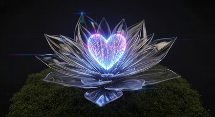 Glowing Heart Lotus Flower Sculpture on Moss, Ethereal Love Symbol, Spiritual Enlightenment, Abstract Crystal Art