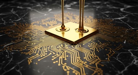 Golden Liquid Dripping onto Circuit Board Chip: Abstract Technology & Luxury Concept with Dark Marble Background
