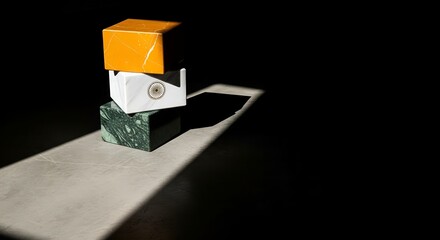 Minimalist Composition with Orange Box and White Paper on Green Stone, Dramatic Lighting