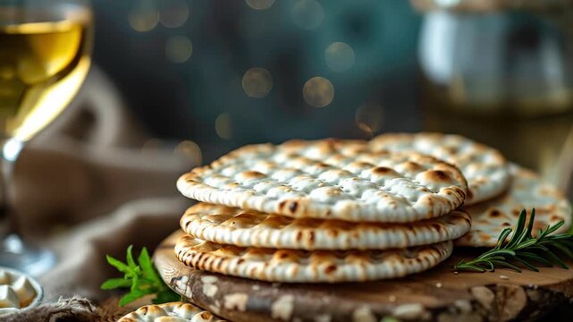 Traditional Seder meal with unleavened matzah and ceremonial wine, arranged for the sacred Jewish Passover holiday, celebrating freedom and ancient customs