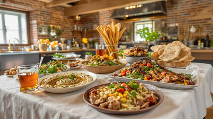 Obraz premium Delicious Mediterranean cuisine on a beautifully set table in a cozy restaurant.