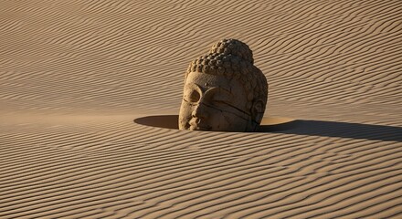 Ancient Buddha Head Statue Emerges from Rippled Sand Dunes in Desert Landscape, Serene and Lost.