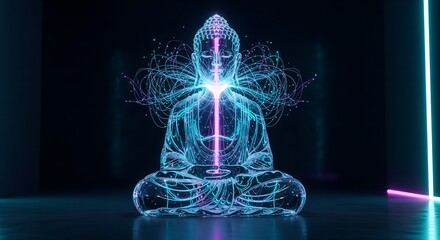 Digital meditation Buddha statue with glowing neural network brain and futuristic neon lights in dark cyber space