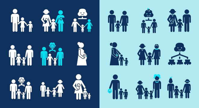A comprehensive set of stick figure icons illustrating diverse family structures, including parents, children, pregnancy, and adoption, presented on a split blue background.