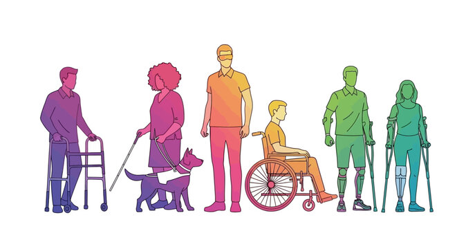 A diverse group of people with various disabilities and mobility aids, illustrating inclusion and accessibility.