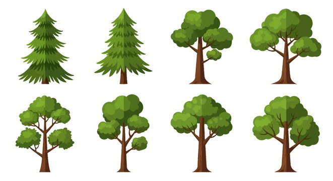 A collection of eight diverse cartoon-style trees, featuring both evergreen and deciduous types with green leaves and brown trunks, isolated on a white background.