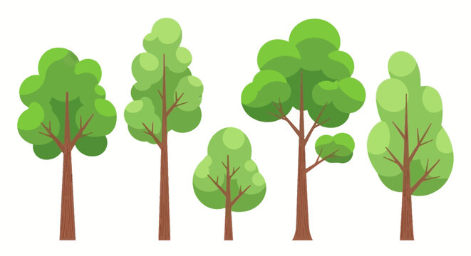 A collection of five cartoon-style green trees with brown trunks, varying in height and foliage shape, isolated on a white background.