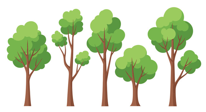 Set of five cartoon-style green trees with brown trunks, varying in shape and height, isolated on a white background.