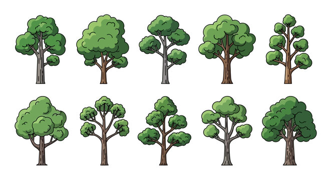 Ten cartoon-style trees with green leaves and brown trunks, featuring various shapes and sizes, isolated on a white background.