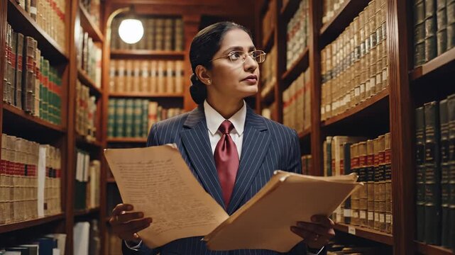 Professional woman reviewing document in classic library setting