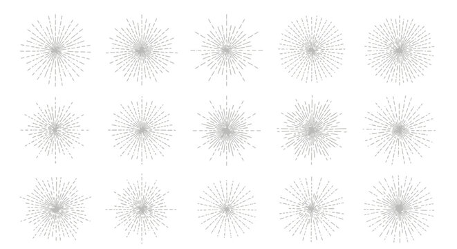 A collection of fifteen intricate abstract sunburst and starburst patterns with radiating lines on a white background, suitable for design elements.