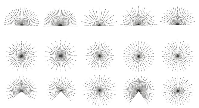 Set of various sunburst and starburst graphic elements, radiating lines design, vintage style, isolated on white background.