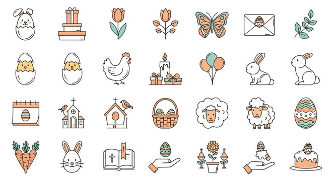 A collection of colorful line art icons representing various Easter holiday symbols and traditions.