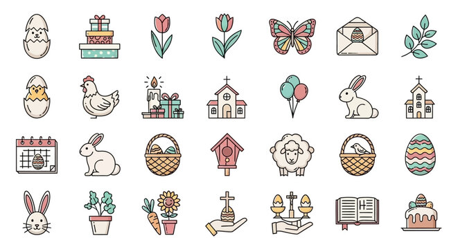 A collection of colorful Easter-themed icons featuring bunnies, eggs, chicks, churches, and spring elements in a flat line art style.