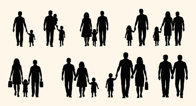 Silhouettes of diverse family units and couples walking together, representing various modern family structures and relationships.