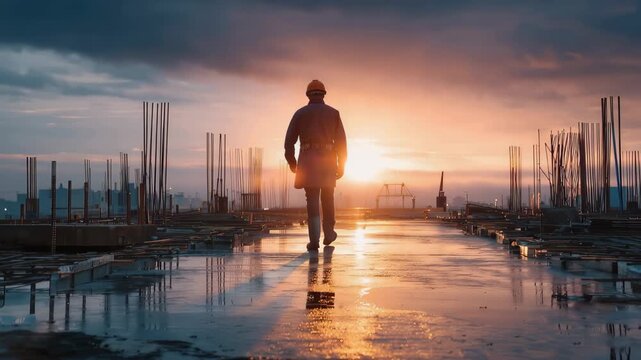 Silhouette of a construction worker walking on site during sunset with cranes in the background and reflective surfaces showing building materials and tools
