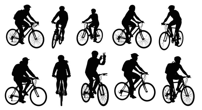 Collection of ten black silhouettes depicting people riding bicycles in various poses and angles, isolated on a white background.