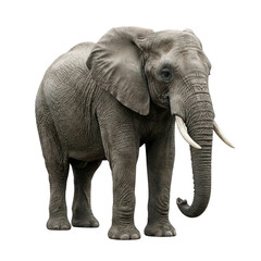 Obraz premium Full body African elephant with tusks and wrinkled gray skin, standing side view Isolated on white background