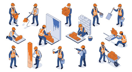 Fototapeta premium Isometric illustrations showcasing various construction workers engaged in different building and renovation tasks on a job site.