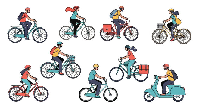 A collection of diverse people riding various bicycles and a scooter, illustrating urban commuting and active transportation.