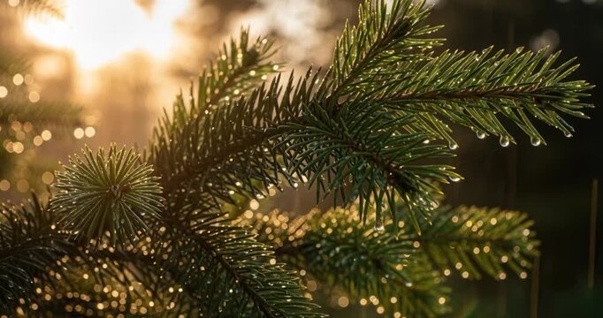 Close up of evergreen pine needles in sunlight