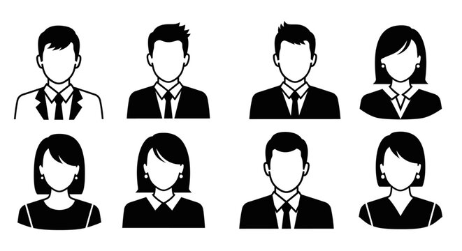 Eight black and white silhouette icons of diverse male and female business people, representing generic user avatars.