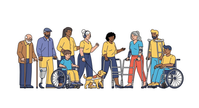 A diverse group of people with disabilities and assistive devices promoting inclusivity.