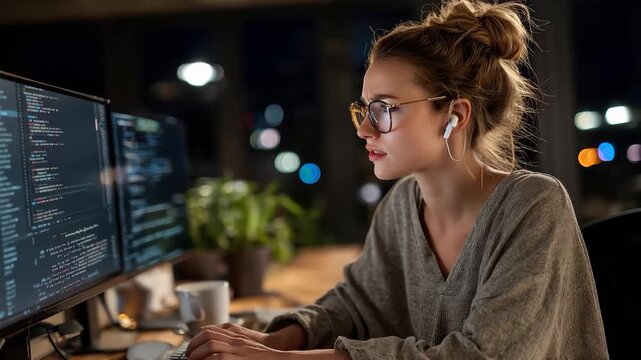Young woman focused on writing code at her desktop computer during nighttime in a modern workspace with ambient lighting and a cozy atmosphere