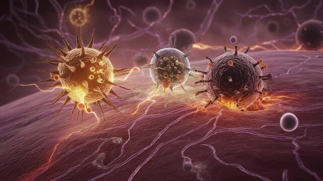 Microscopic illustration of active viruses or cells attacking a biological tissue surface.