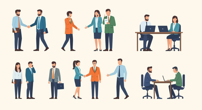 Illustrations of various business interactions including handshakes, meetings, and professional discussions among diverse colleagues.