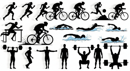 Dynamic black vector silhouettes of athletes performing various sports and fitness activities ideal for health exercise and active lifestyle designs