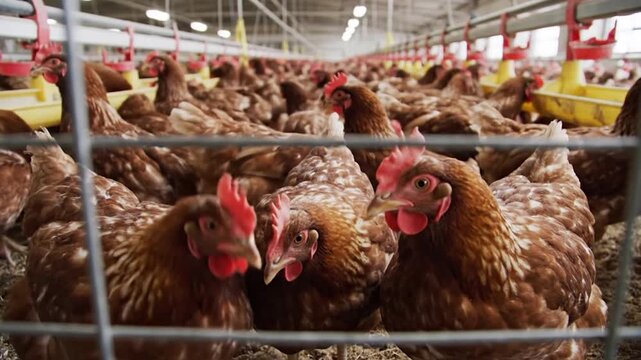 Many brown hens crowded in an industrial farm building, visible through a wire fence