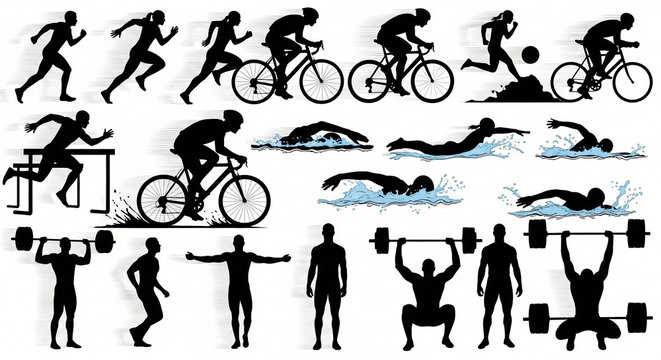 Dynamic black vector silhouettes of athletes performing various sports and fitness activities ideal for health exercise and active lifestyle designs