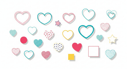 A charming collection of pastel heart shapes and decorative elements featuring outline solid and textured styles ideal for romantic themes greeting cards and digital design project