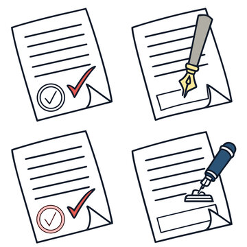 Four different symbols on documents, including a checkmark, a cross, a pencil, and a stamp Vector